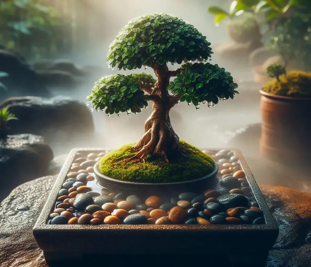 Bonsai tree with mist with pot on top of humidity tray with rocks and water