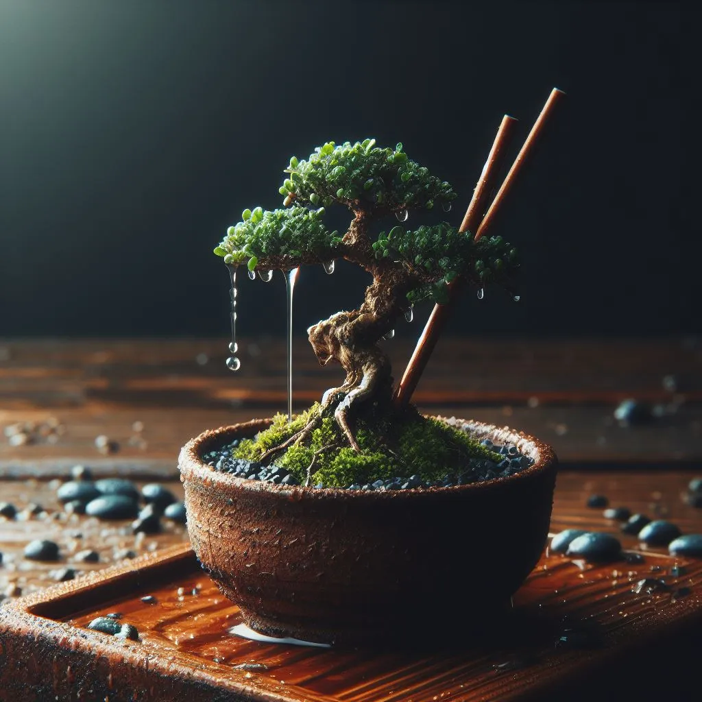 Bonsai tree with chopstick in soil