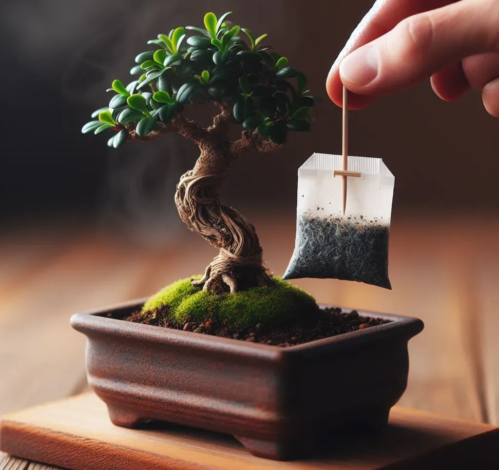 Conceptual rendering of fertilizing a bonsai with the tea bag method